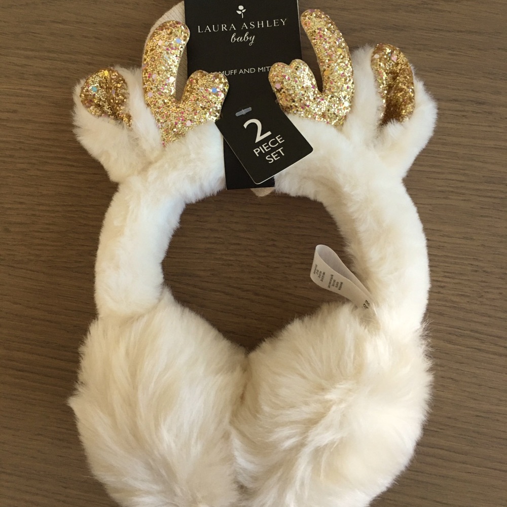 NWT Laura Ashley “reindeer” earmuffs and mittens set